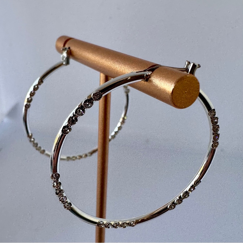Silver Rhinestone Hoop Earrings | Crystal Accent Large Hoops